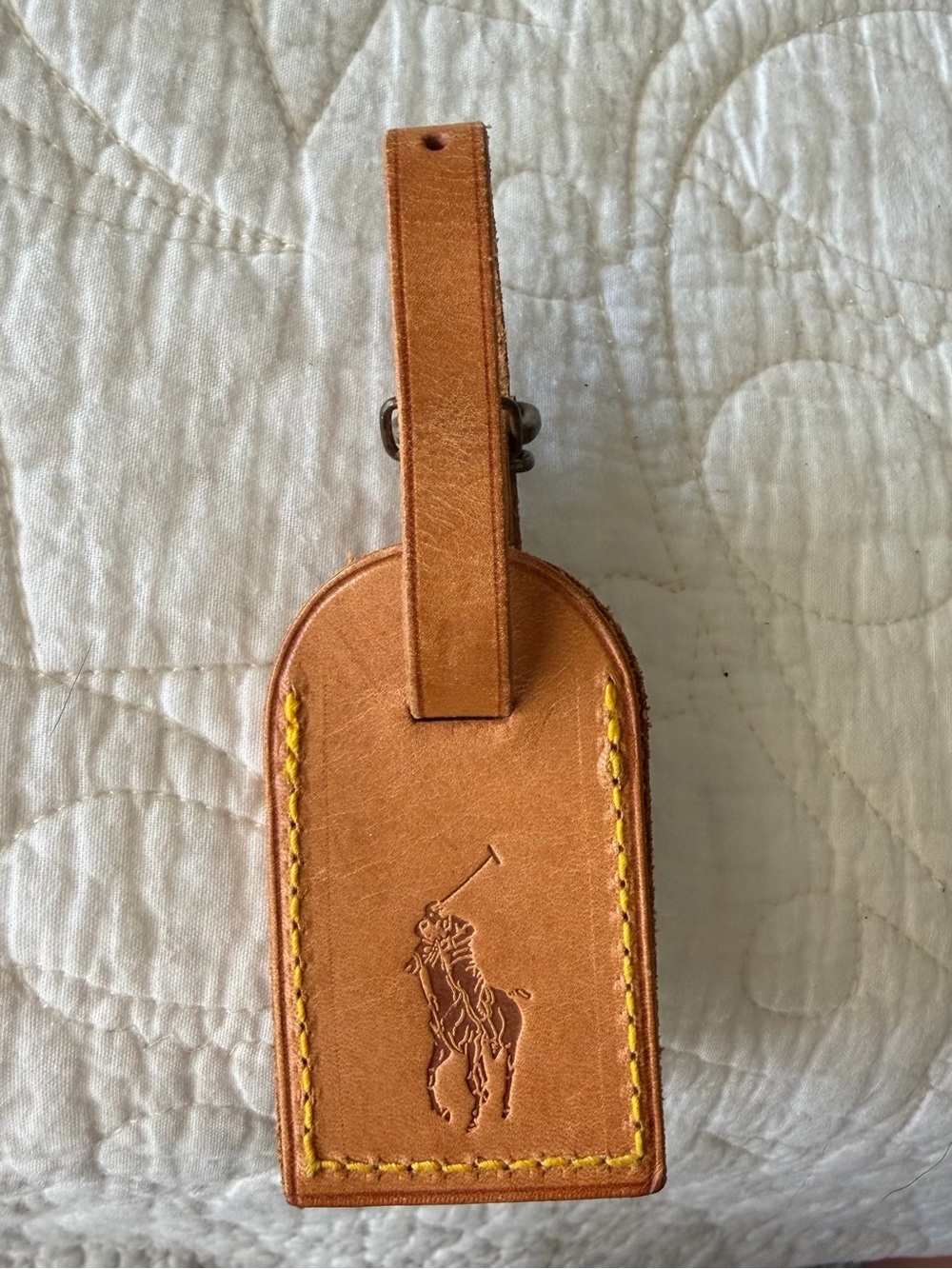 Ralph Lauren VINTAGE Polo Tan Leather 3in + Belt Luggage ID Tag Yellow Stitching